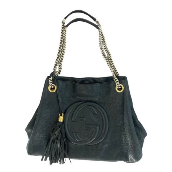 Gucci Handbags - Gucci Black Pebbled Leather Shoulder Bag with Gold Chains